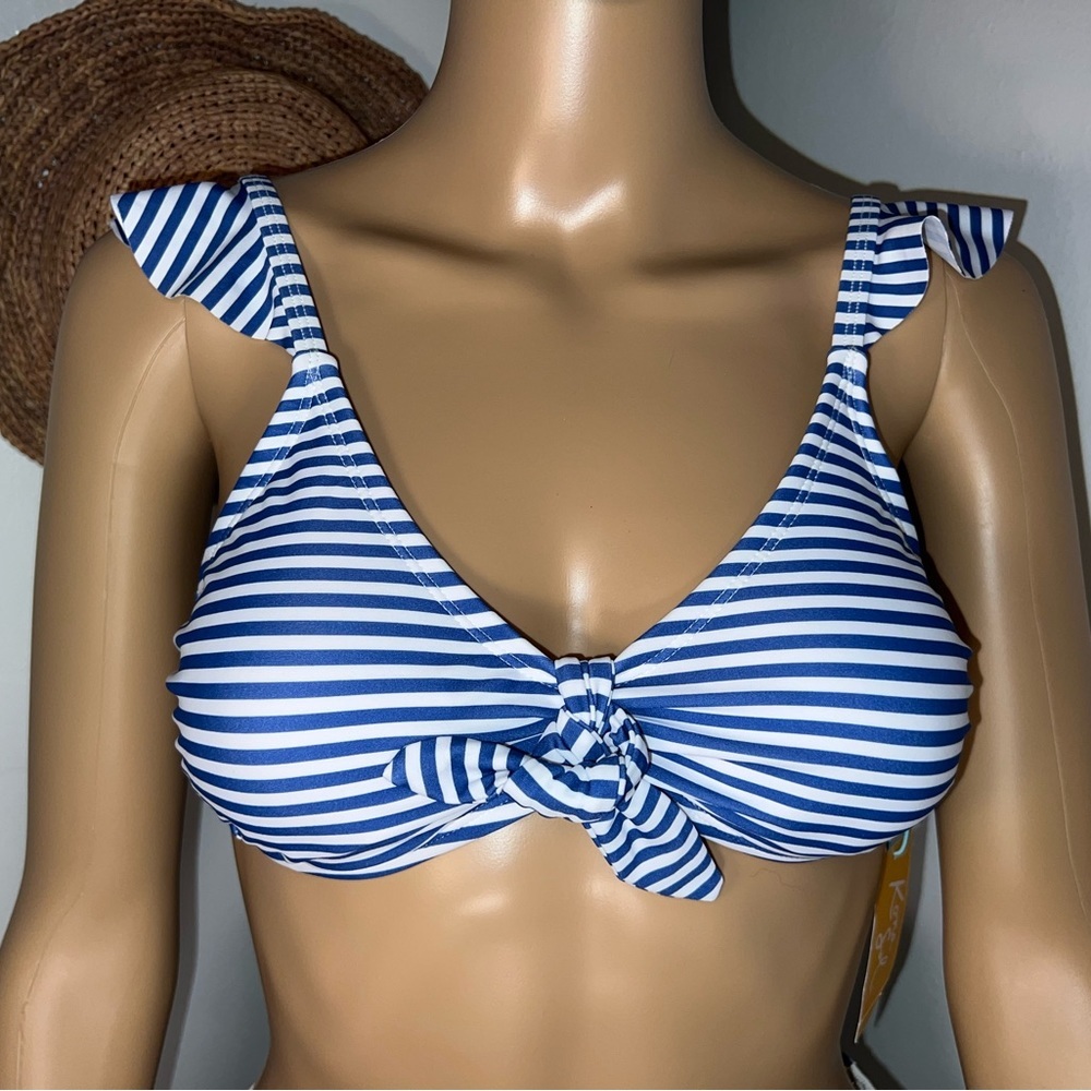 Kona Sol Blue and White Striped Knot Front Bikini Top